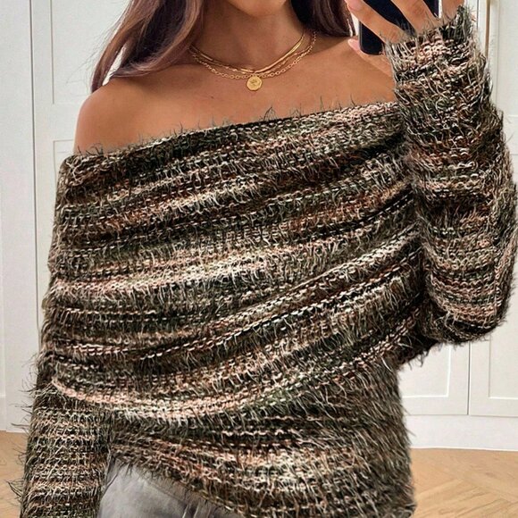 Multicolor Casual Women's Sexy Off Shoulder Ruched Knit T-Shirt - Picture 7 of 7